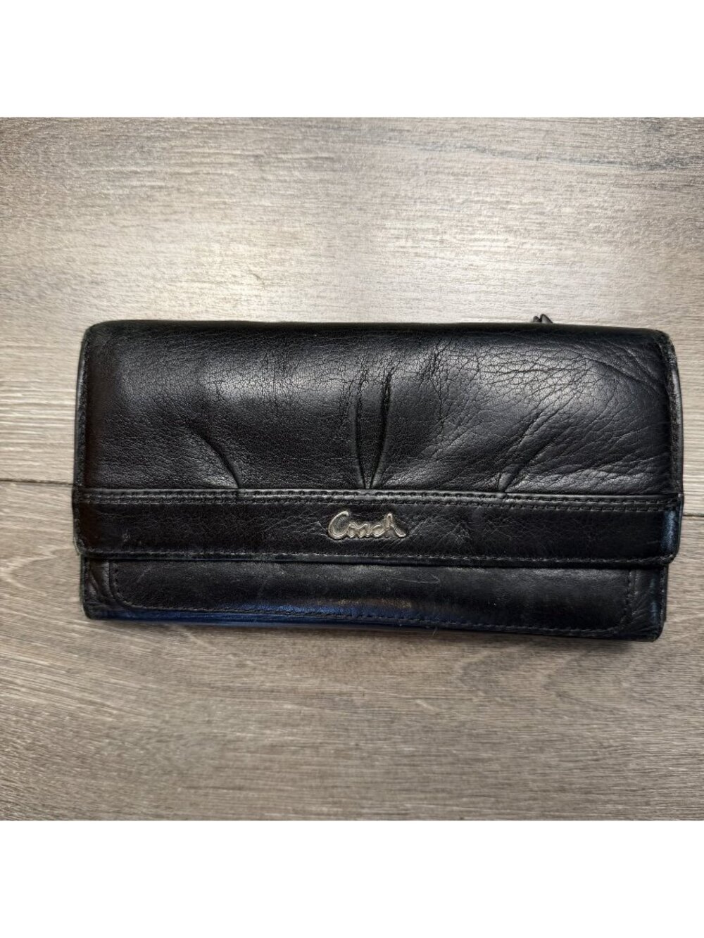 Coach Black Leather Continental Flap Wallet Silver Script Logo Trifold